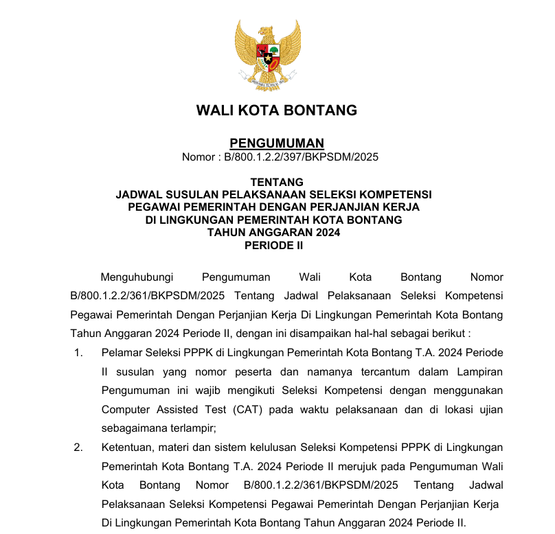 JADWAL SUSULAN PELAKSANAAN SELEKSI KOMPETENSI PPPK PEMERINTAH KOTA BONTANG  TAHUN ANGGARAN 2024  PERIODE II