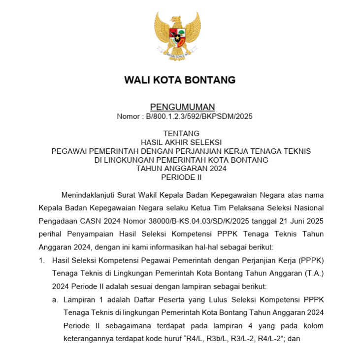 Pengumuman Hasil Akhir Seleksi PPPK di Lingkungan Pemerintah Kota Bontang Tahun Anggaran 2024 Periode II